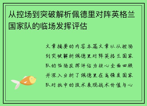 从控场到突破解析佩德里对阵英格兰国家队的临场发挥评估